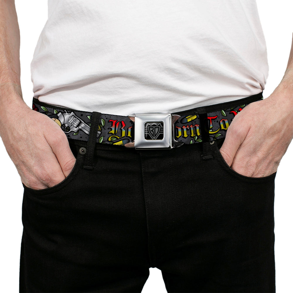 BD Wings Logo CLOSE-UP Full Color Black Silver Seatbelt Belt - Born to Raise Hell Gray Webbing - Buckle-Down - Flyclothing LLC