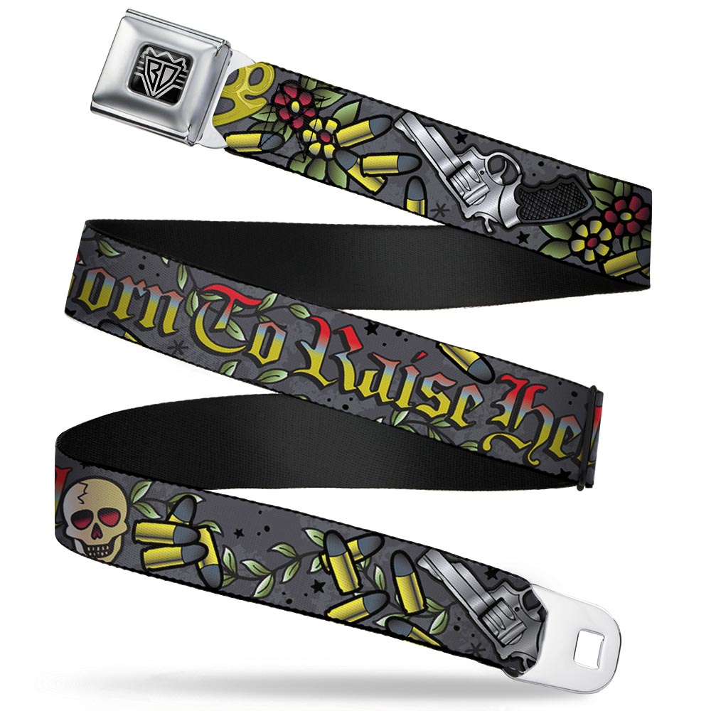 BD Wings Logo CLOSE-UP Full Color Black Silver Seatbelt Belt - Born to Raise Hell Gray Webbing - Buckle-Down - Flyclothing LLC