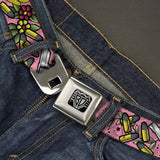 BD Wings Logo CLOSE-UP Full Color Black Silver Seatbelt Belt - Born to Raise Hell Pink Webbing - Buckle-Down - Flyclothing LLC