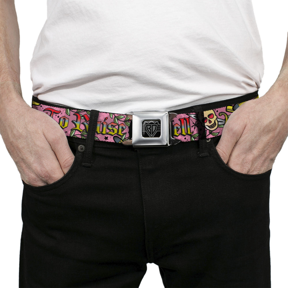 BD Wings Logo CLOSE-UP Full Color Black Silver Seatbelt Belt - Born to Raise Hell Pink Webbing - Buckle-Down - Flyclothing LLC