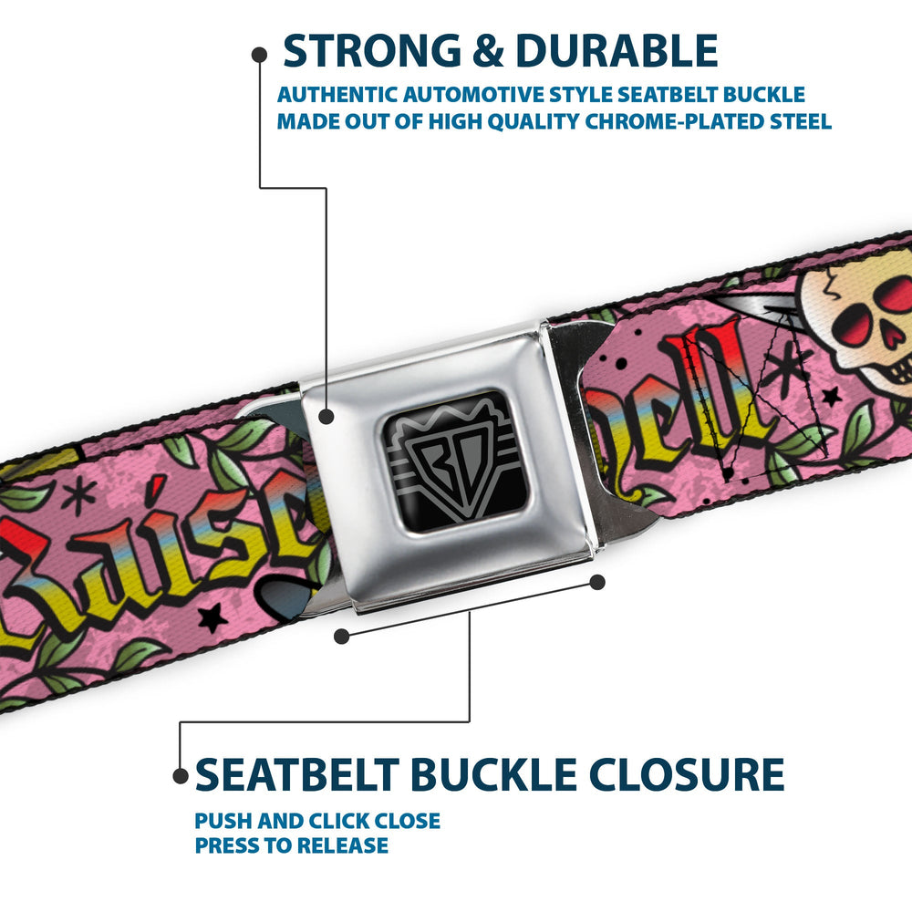 BD Wings Logo CLOSE-UP Full Color Black Silver Seatbelt Belt - Born to Raise Hell Pink Webbing - Buckle-Down - Flyclothing LLC