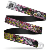 BD Wings Logo CLOSE-UP Full Color Black Silver Seatbelt Belt - Born to Raise Hell Pink Webbing - Buckle-Down - Flyclothing LLC