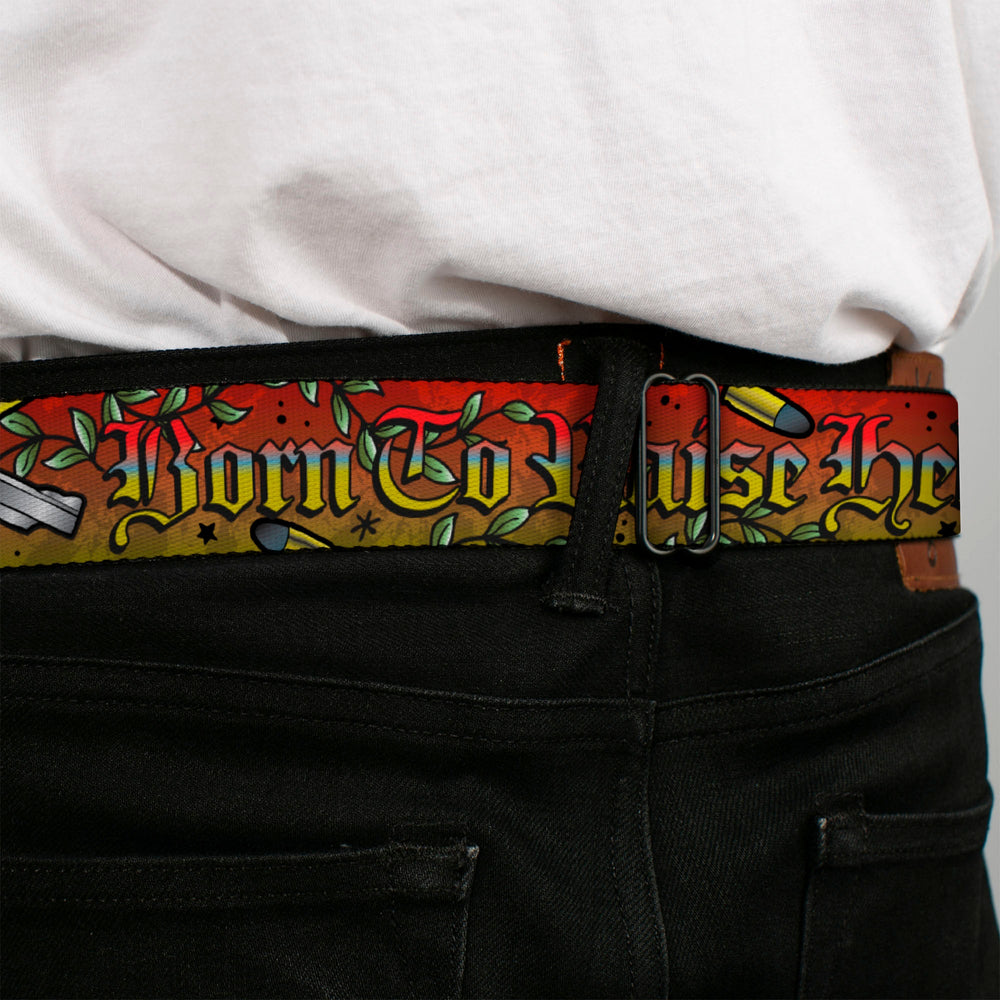 BD Wings Logo CLOSE-UP Full Color Black Silver Seatbelt Belt - Born to Raise Hell Red Webbing - Buckle-Down - Flyclothing LLC
