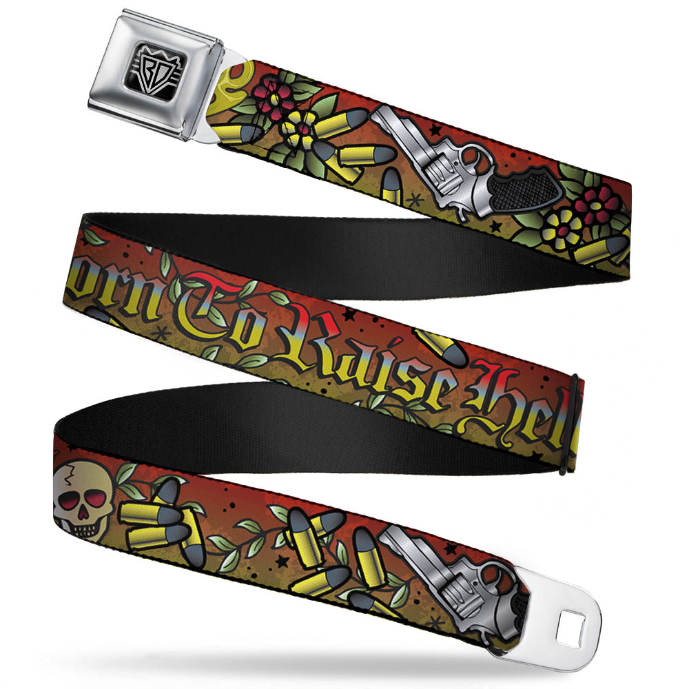 BD Wings Logo CLOSE-UP Full Color Black Silver Seatbelt Belt - Born to Raise Hell Red Webbing - Buckle-Down - Flyclothing LLC