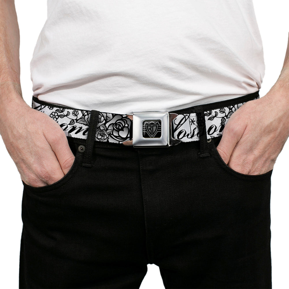 BD Wings Logo CLOSE-UP Full Color Black Silver Seatbelt Belt - Born to Blossom Black/White Webbing - Buckle-Down - Flyclothing LLC