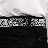 BD Wings Logo CLOSE-UP Full Color Black Silver Seatbelt Belt - Born to Blossom Black/White Webbing - Buckle-Down - Flyclothing LLC