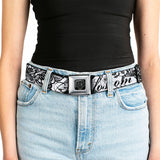 BD Wings Logo CLOSE-UP Full Color Black Silver Seatbelt Belt - Born to Blossom Black/White Webbing - Buckle-Down - Flyclothing LLC