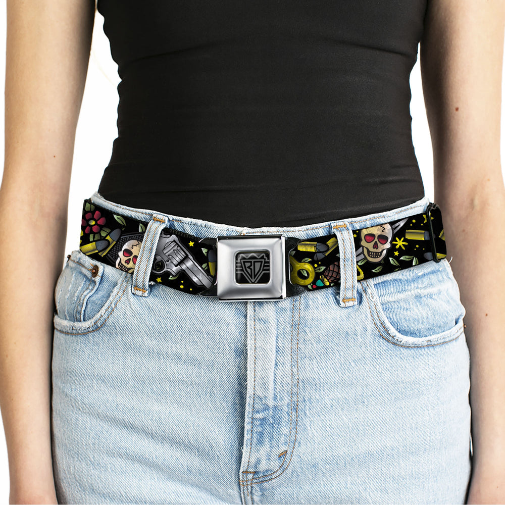 BD Wings Logo CLOSE-UP Full Color Black Silver Seatbelt Belt - Born to Raise Hell CLOSE-UP Black Webbing - Buckle-Down - Flyclothing LLC