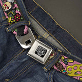 BD Wings Logo CLOSE-UP Full Color Black Silver Seatbelt Belt - Born to Raise Hell CLOSE-UP Pink Webbing - Buckle-Down - Flyclothing LLC