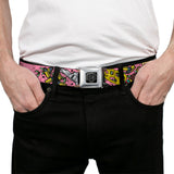 BD Wings Logo CLOSE-UP Full Color Black Silver Seatbelt Belt - Born to Raise Hell CLOSE-UP Pink Webbing - Buckle-Down - Flyclothing LLC