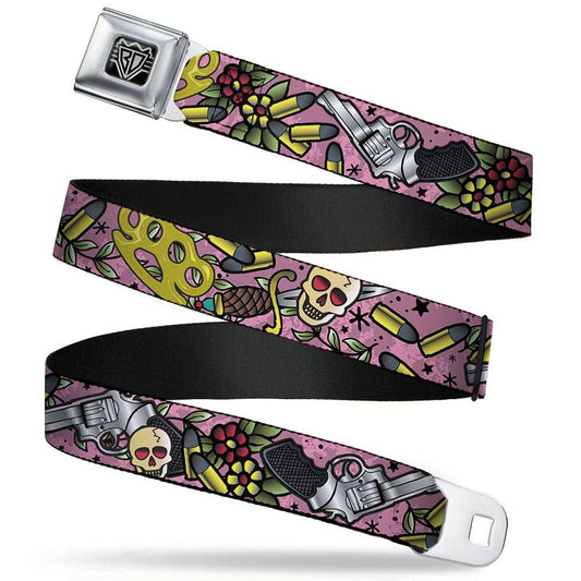 BD Wings Logo CLOSE-UP Full Color Black Silver Seatbelt Belt - Born to Raise Hell CLOSE-UP Pink Webbing - Buckle-Down - Flyclothing LLC