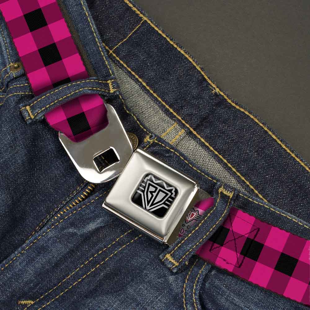 BD Wings Logo CLOSE-UP Full Color Black Silver Seatbelt Belt - Buffalo Plaid Black/Fuchsia Webbing - Buckle-Down - Flyclothing LLC