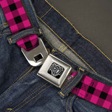 BD Wings Logo CLOSE-UP Full Color Black Silver Seatbelt Belt - Buffalo Plaid Black/Fuchsia Webbing - Buckle-Down - Flyclothing LLC