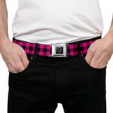 BD Wings Logo CLOSE-UP Full Color Black Silver Seatbelt Belt - Buffalo Plaid Black/Fuchsia Webbing - Buckle-Down - Flyclothing LLC