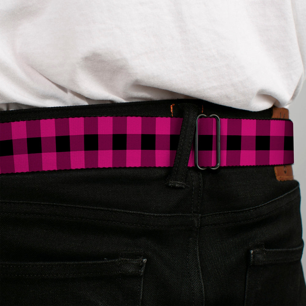 BD Wings Logo CLOSE-UP Full Color Black Silver Seatbelt Belt - Buffalo Plaid Black/Fuchsia Webbing - Buckle-Down - Flyclothing LLC