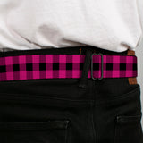 BD Wings Logo CLOSE-UP Full Color Black Silver Seatbelt Belt - Buffalo Plaid Black/Fuchsia Webbing - Buckle-Down - Flyclothing LLC