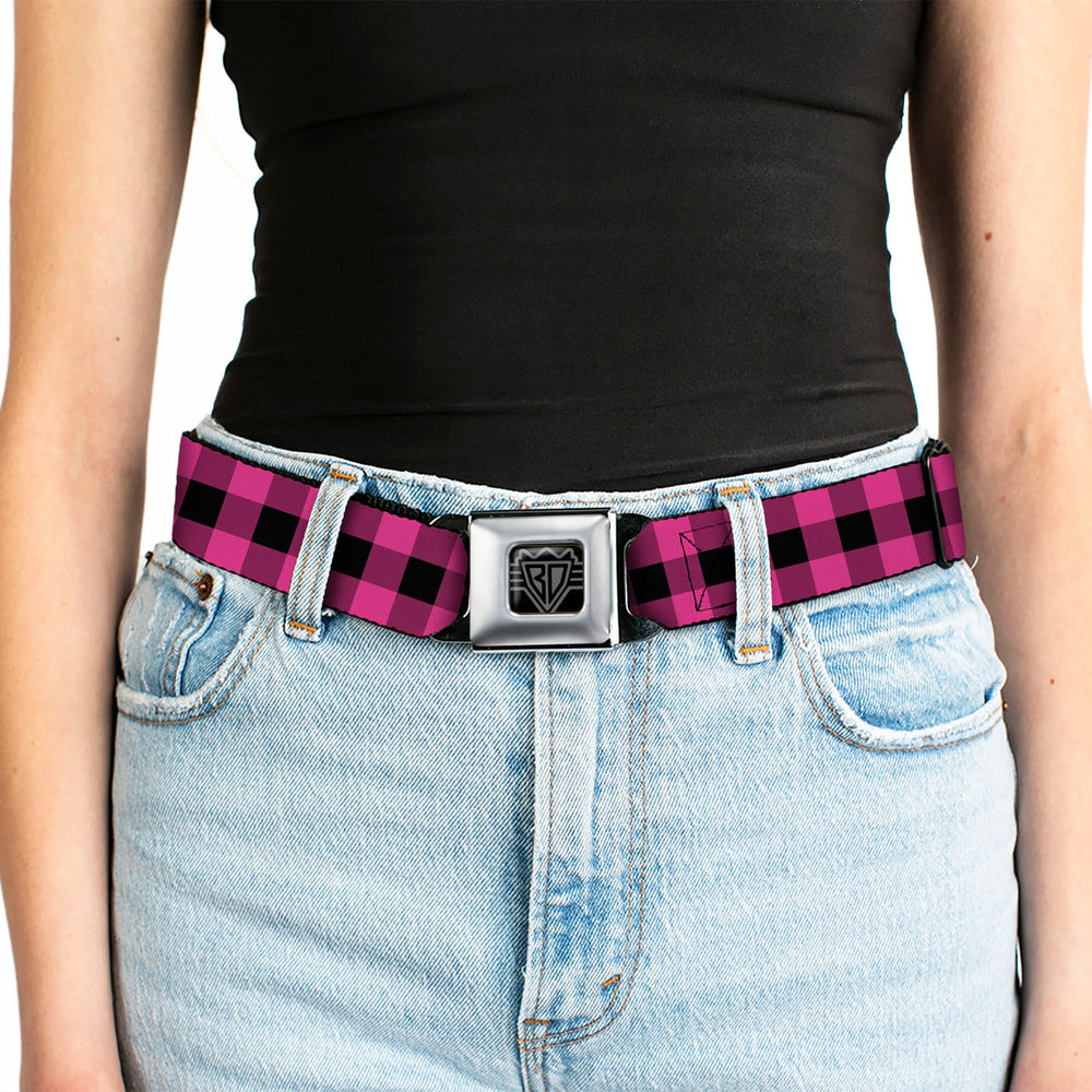 BD Wings Logo CLOSE-UP Full Color Black Silver Seatbelt Belt - Buffalo Plaid Black/Fuchsia Webbing - Buckle-Down - Flyclothing LLC