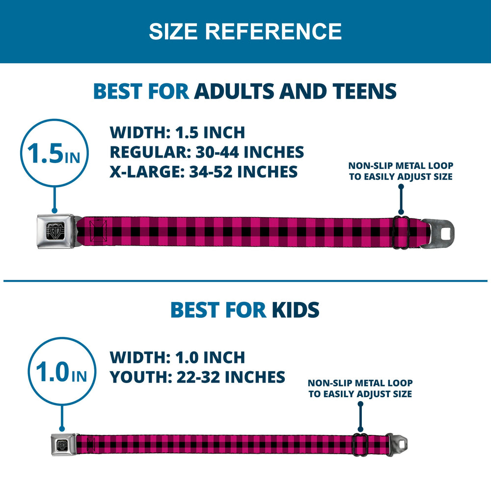 BD Wings Logo CLOSE-UP Full Color Black Silver Seatbelt Belt - Buffalo Plaid Black/Fuchsia Webbing - Buckle-Down - Flyclothing LLC