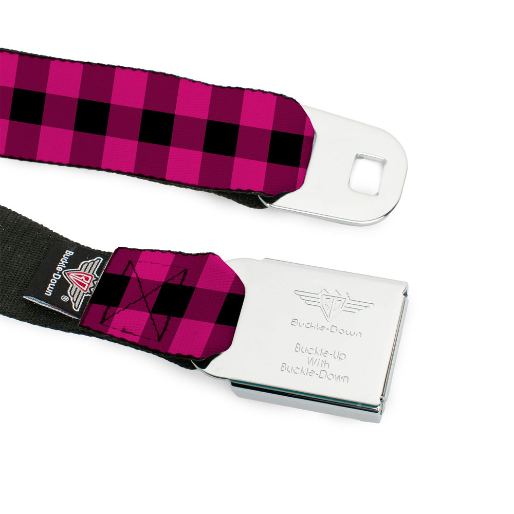 BD Wings Logo CLOSE-UP Full Color Black Silver Seatbelt Belt - Buffalo Plaid Black/Fuchsia Webbing - Buckle-Down - Flyclothing LLC