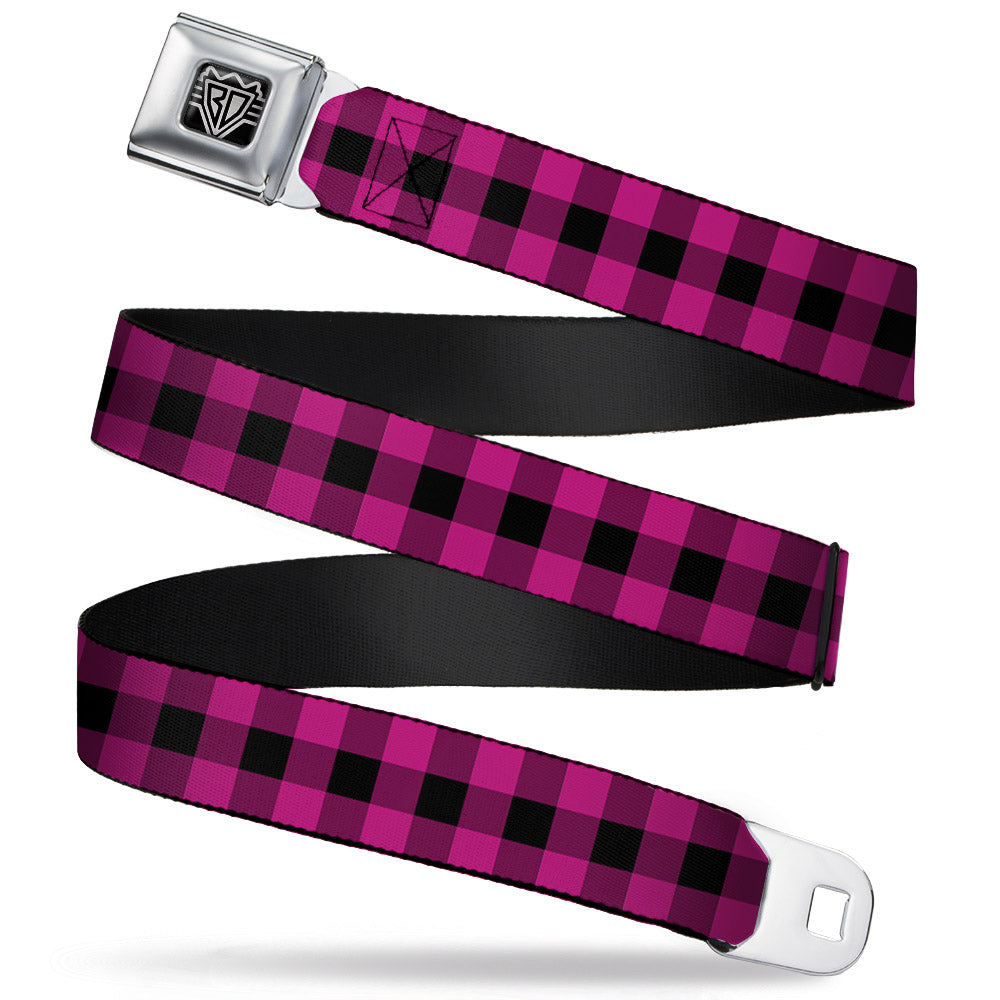 BD Wings Logo CLOSE-UP Full Color Black Silver Seatbelt Belt - Buffalo Plaid Black/Fuchsia Webbing - Buckle-Down - Flyclothing LLC