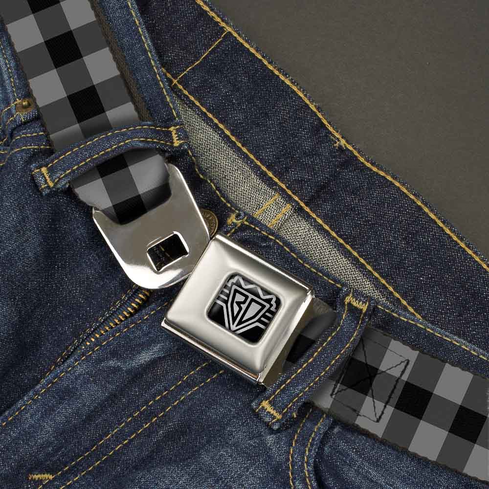 BD Wings Logo CLOSE-UP Full Color Black Silver Seatbelt Belt - Buffalo Plaid Black/Gray Webbing - Buckle-Down - Flyclothing LLC