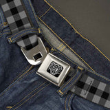 BD Wings Logo CLOSE-UP Full Color Black Silver Seatbelt Belt - Buffalo Plaid Black/Gray Webbing - Buckle-Down - Flyclothing LLC