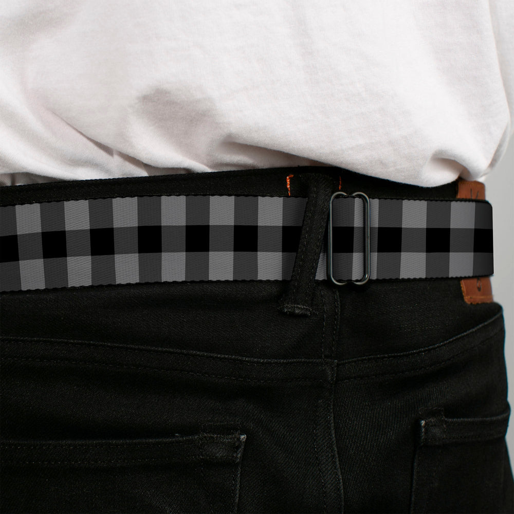BD Wings Logo CLOSE-UP Full Color Black Silver Seatbelt Belt - Buffalo Plaid Black/Gray Webbing - Buckle-Down - Flyclothing LLC