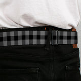 BD Wings Logo CLOSE-UP Full Color Black Silver Seatbelt Belt - Buffalo Plaid Black/Gray Webbing - Buckle-Down - Flyclothing LLC