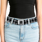 BD Wings Logo CLOSE-UP Full Color Black Silver Seatbelt Belt - Buffalo Plaid Black/Gray Webbing - Buckle-Down - Flyclothing LLC