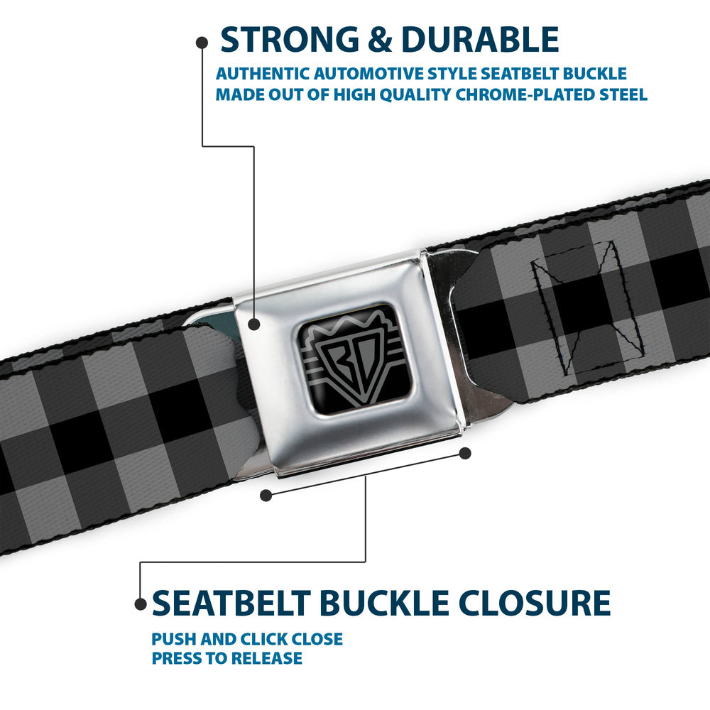 BD Wings Logo CLOSE-UP Full Color Black Silver Seatbelt Belt - Buffalo Plaid Black/Gray Webbing - Buckle-Down - Flyclothing LLC