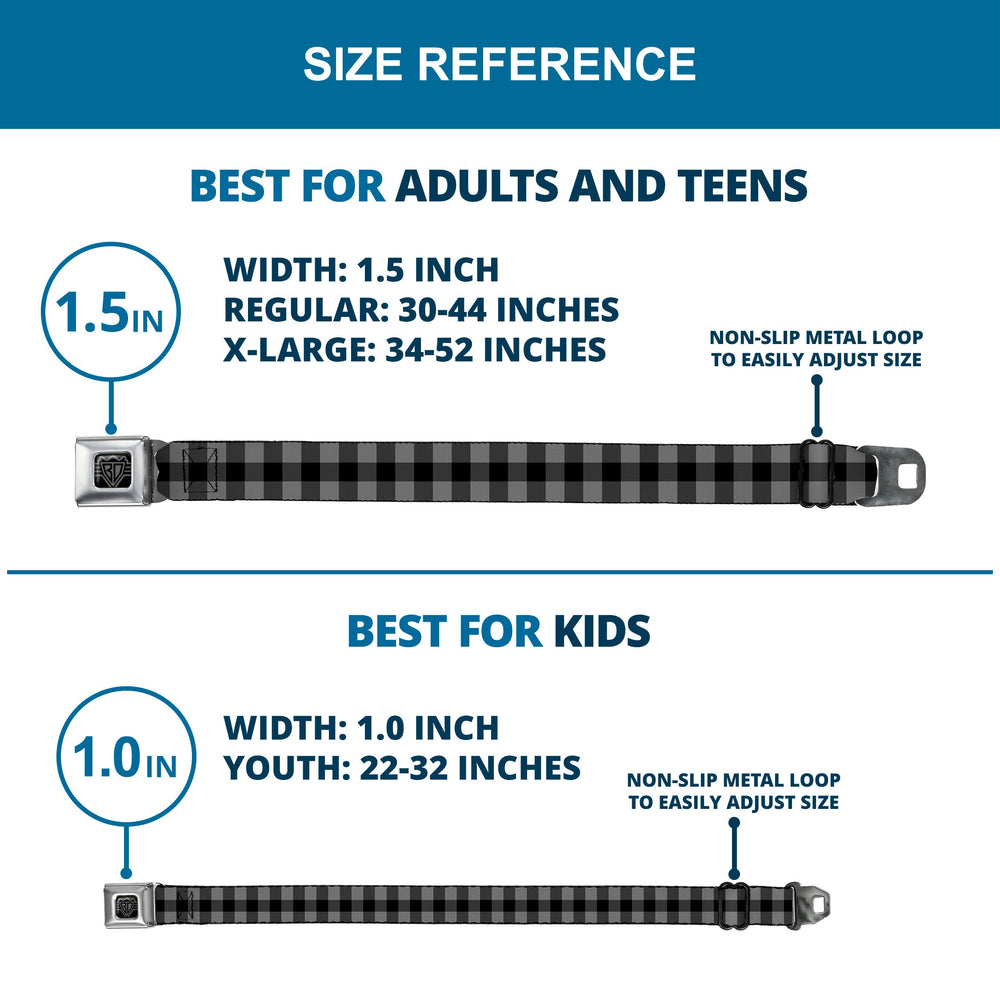 BD Wings Logo CLOSE-UP Full Color Black Silver Seatbelt Belt - Buffalo Plaid Black/Gray Webbing - Buckle-Down - Flyclothing LLC