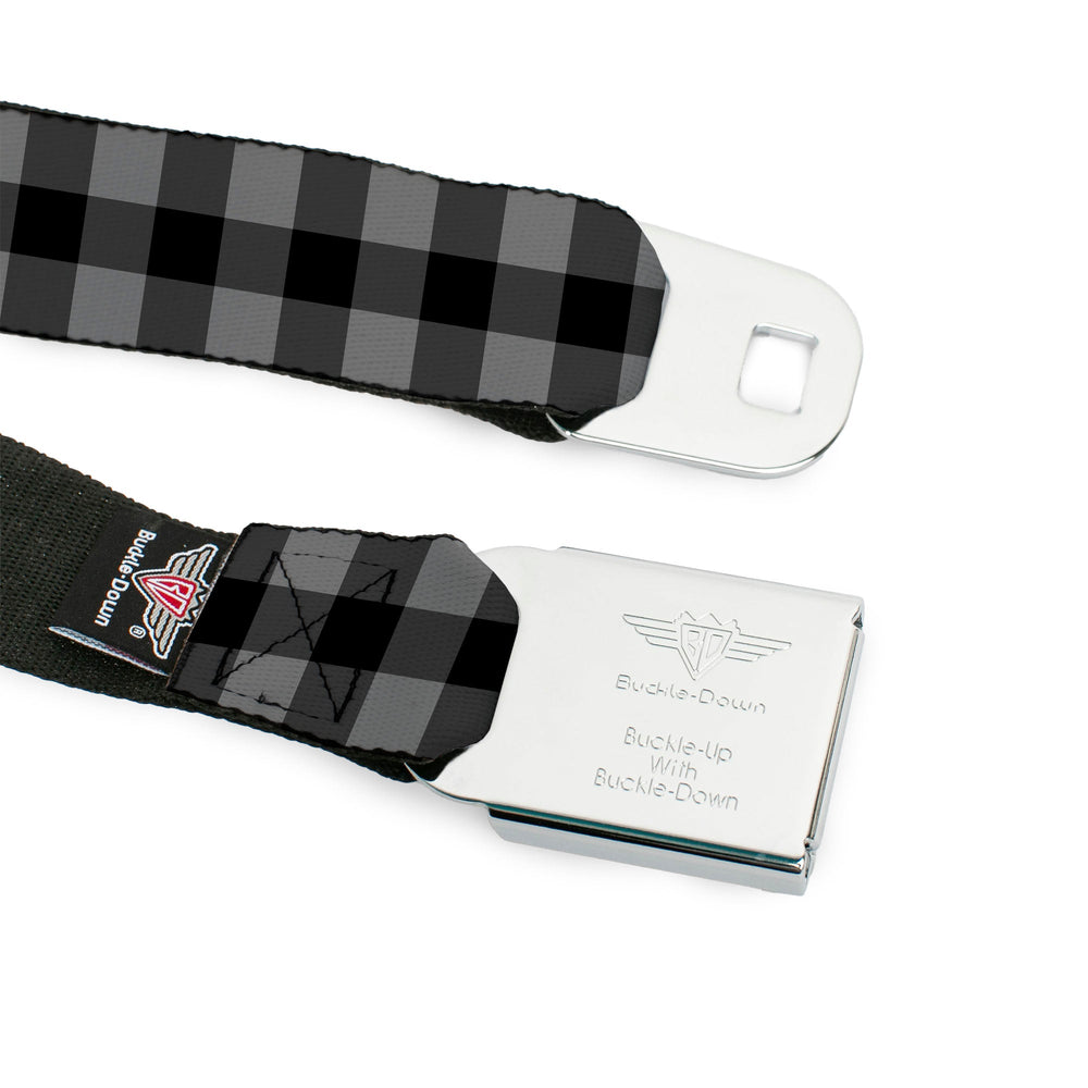 BD Wings Logo CLOSE-UP Full Color Black Silver Seatbelt Belt - Buffalo Plaid Black/Gray Webbing - Buckle-Down - Flyclothing LLC
