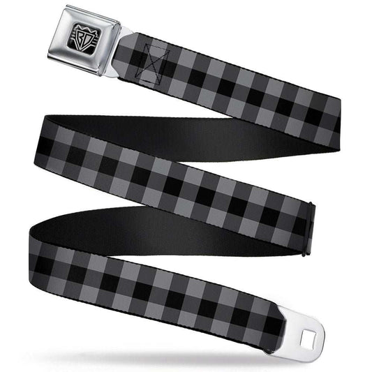 BD Wings Logo CLOSE-UP Full Color Black Silver Seatbelt Belt - Buffalo Plaid Black/Gray Webbing - Buckle-Down - Flyclothing LLC