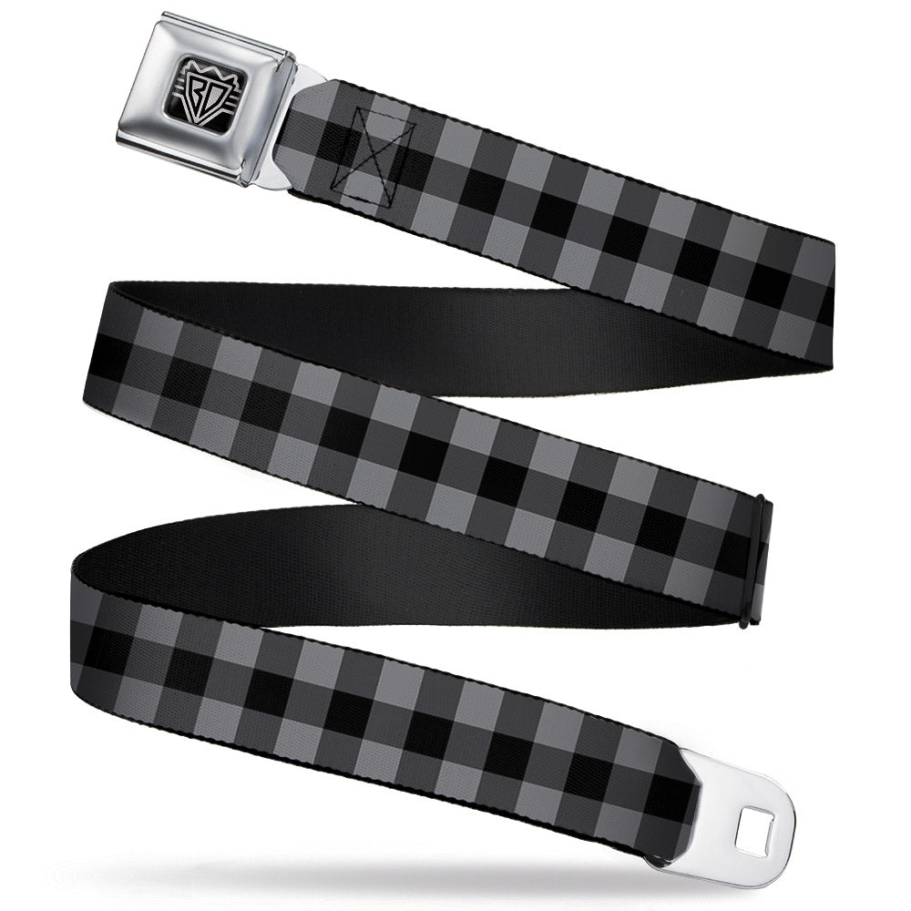 BD Wings Logo CLOSE-UP Full Color Black Silver Seatbelt Belt - Buffalo Plaid Black/Gray Webbing - Buckle-Down - Flyclothing LLC