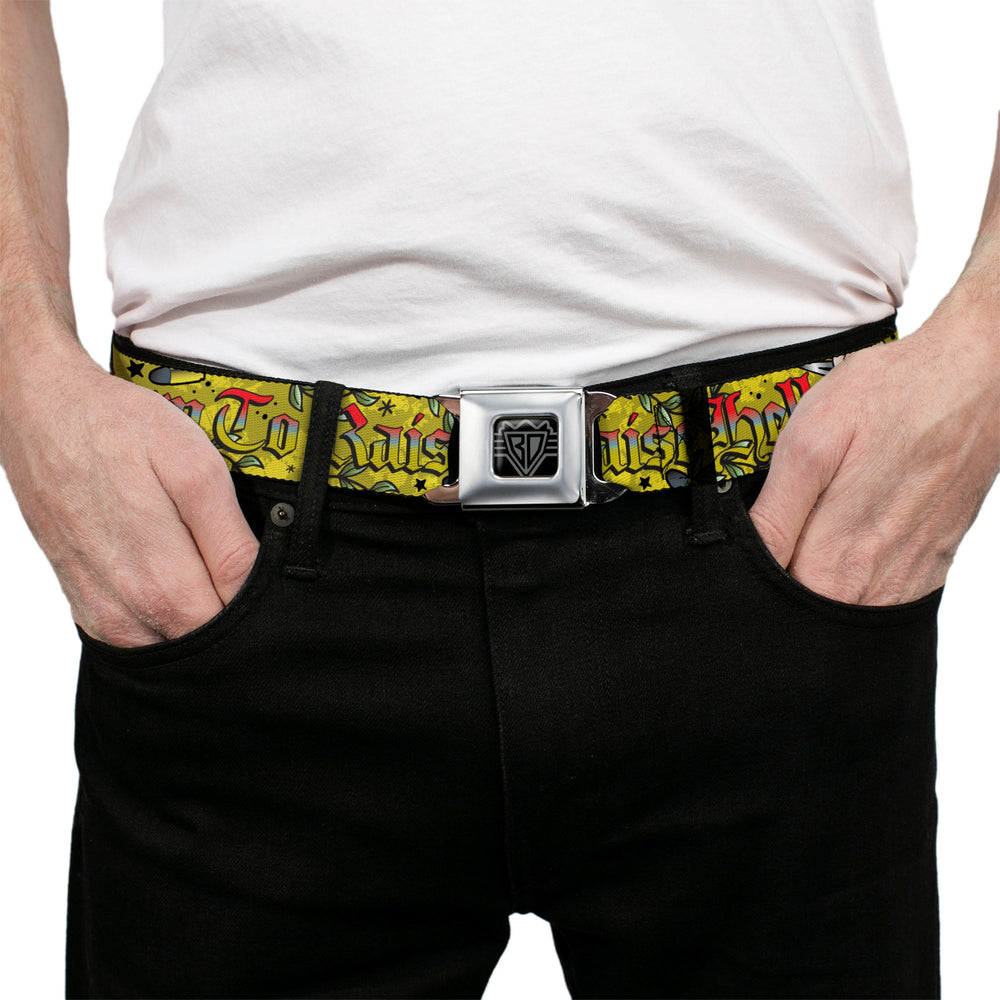 BD Wings Logo CLOSE-UP Full Color Black Silver Seatbelt Belt - Born to Raise Hell Yellow Webbing - Buckle-Down - Flyclothing LLC