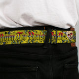 BD Wings Logo CLOSE-UP Full Color Black Silver Seatbelt Belt - Born to Raise Hell Yellow Webbing - Buckle-Down - Flyclothing LLC