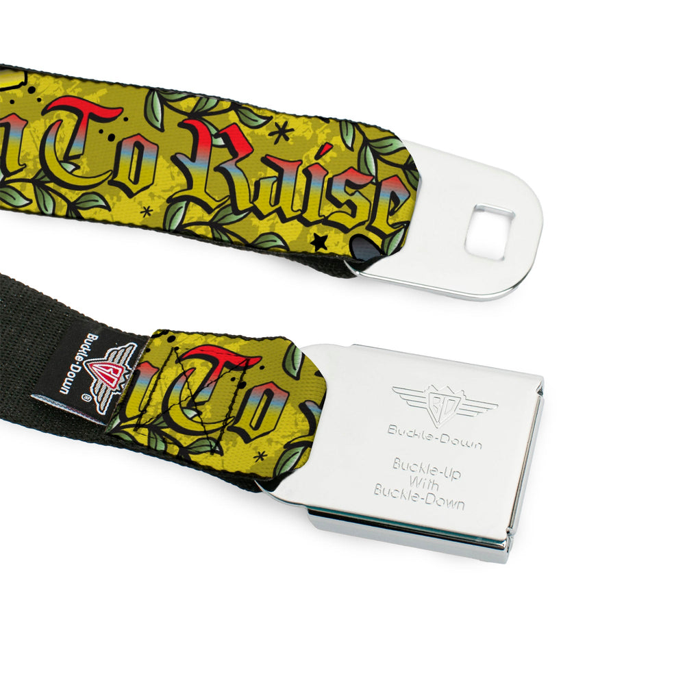 BD Wings Logo CLOSE-UP Full Color Black Silver Seatbelt Belt - Born to Raise Hell Yellow Webbing - Buckle-Down - Flyclothing LLC
