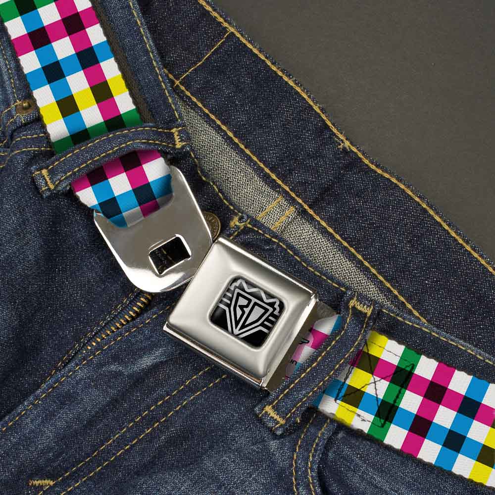 BD Wings Logo CLOSE-UP Full Color Black Silver Seatbelt Belt - Buffalo Plaid White/Multi Color Webbing - Buckle-Down - Flyclothing LLC