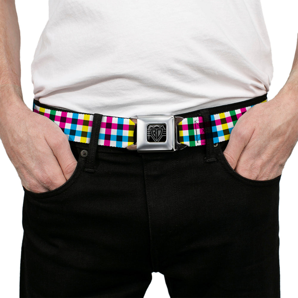 BD Wings Logo CLOSE-UP Full Color Black Silver Seatbelt Belt - Buffalo Plaid White/Multi Color Webbing - Buckle-Down - Flyclothing LLC