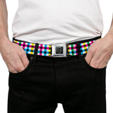 BD Wings Logo CLOSE-UP Full Color Black Silver Seatbelt Belt - Buffalo Plaid White/Multi Color Webbing - Buckle-Down - Flyclothing LLC