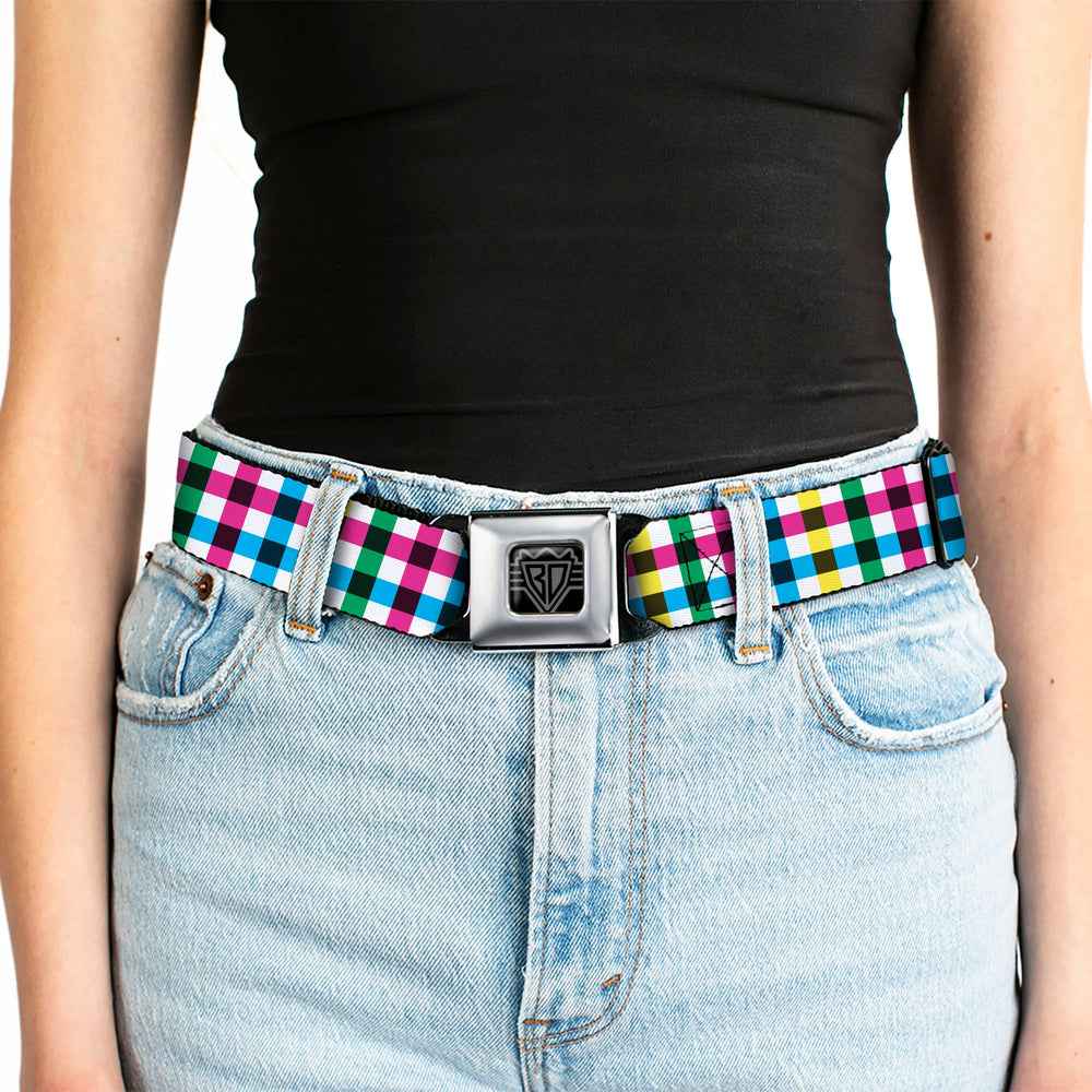 BD Wings Logo CLOSE-UP Full Color Black Silver Seatbelt Belt - Buffalo Plaid White/Multi Color Webbing - Buckle-Down - Flyclothing LLC
