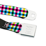 BD Wings Logo CLOSE-UP Full Color Black Silver Seatbelt Belt - Buffalo Plaid White/Multi Color Webbing - Buckle-Down - Flyclothing LLC