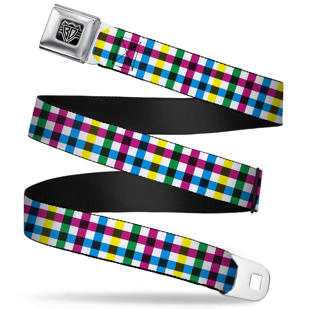 BD Wings Logo CLOSE-UP Full Color Black Silver Seatbelt Belt - Buffalo Plaid White/Multi Color Webbing - Buckle-Down - Flyclothing LLC