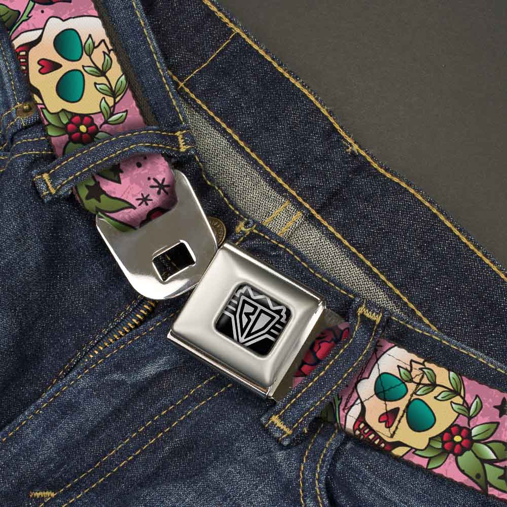 BD Wings Logo CLOSE-UP Full Color Black Silver Seatbelt Belt - Death Before Dishonor Pink Webbing - Buckle-Down - Flyclothing LLC