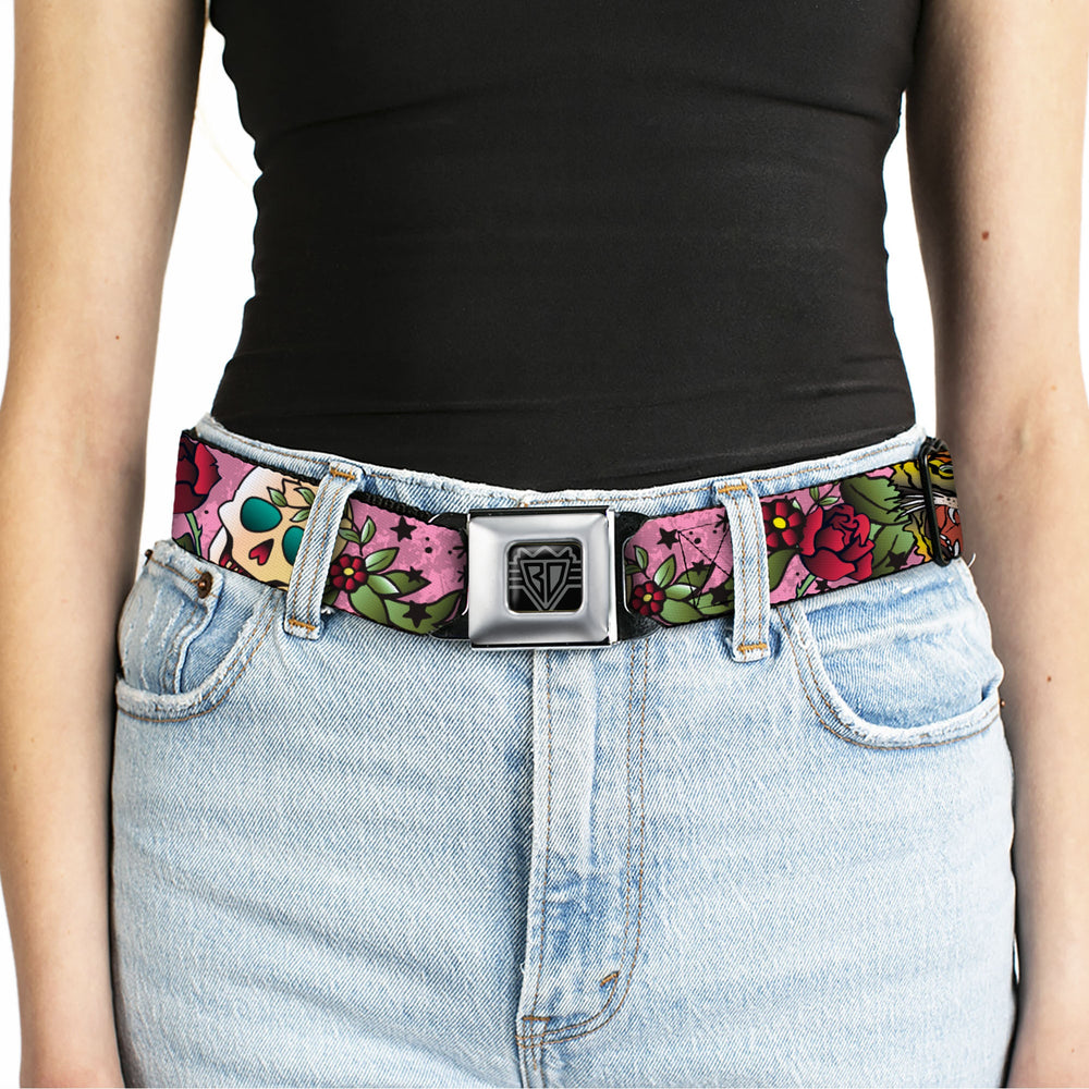 BD Wings Logo CLOSE-UP Full Color Black Silver Seatbelt Belt - Death Before Dishonor Pink Webbing - Buckle-Down - Flyclothing LLC