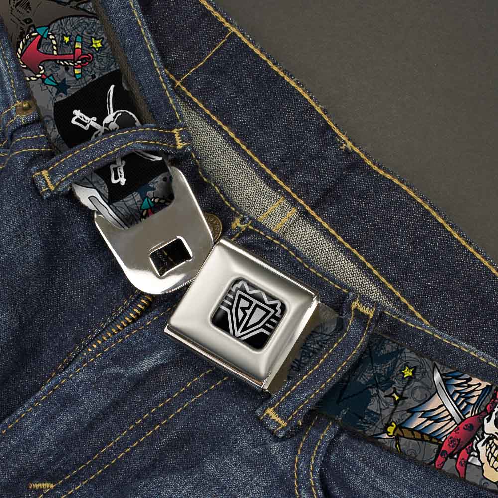 BD Wings Logo CLOSE-UP Full Color Black Silver Seatbelt Belt - Dead Men Tell No Tales Gray Webbing - Buckle-Down - Flyclothing LLC