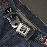 BD Wings Logo CLOSE-UP Full Color Black Silver Seatbelt Belt - Dead Men Tell No Tales Gray Webbing - Buckle-Down - Flyclothing LLC