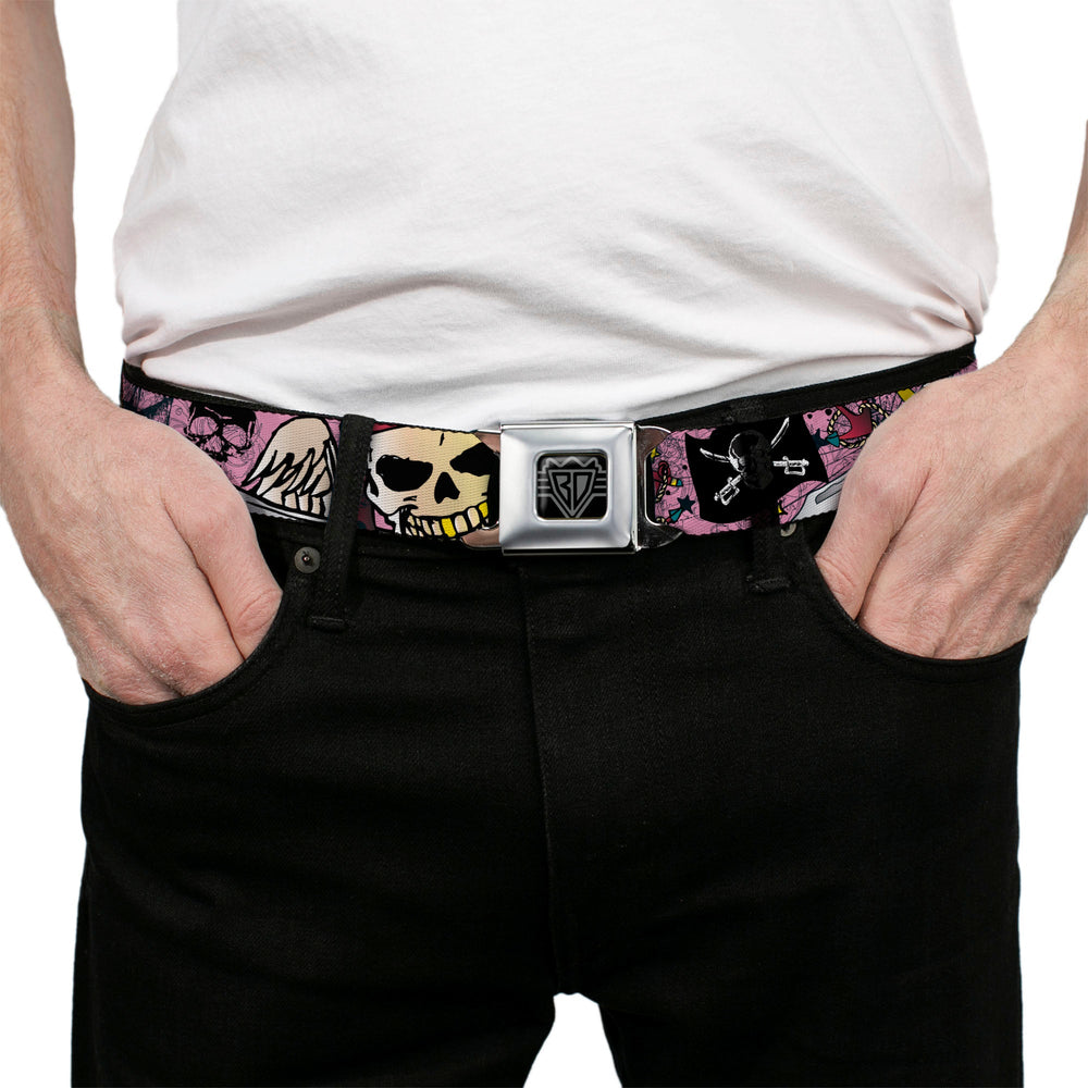 BD Wings Logo CLOSE-UP Full Color Black Silver Seatbelt Belt - Dead Men Tell No Tales Pink Webbing - Buckle-Down - Flyclothing LLC