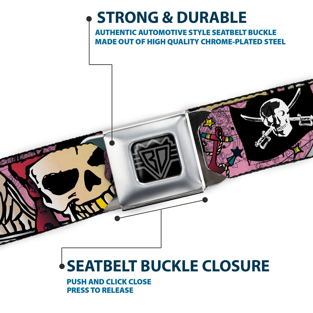BD Wings Logo CLOSE-UP Full Color Black Silver Seatbelt Belt - Dead Men Tell No Tales Pink Webbing - Buckle-Down - Flyclothing LLC