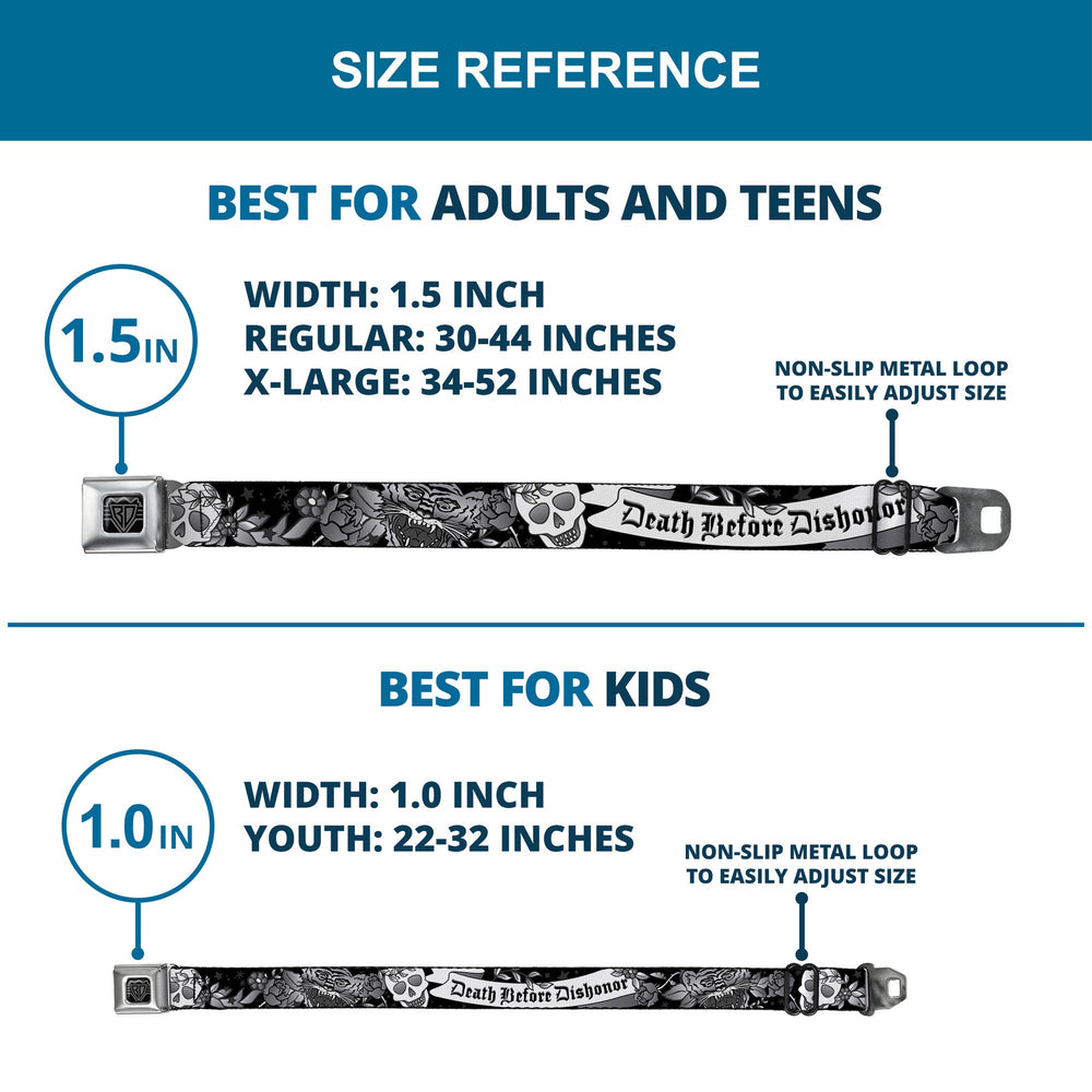 BD Wings Logo CLOSE-UP Full Color Black Silver Seatbelt Belt - Death Before Dishonor Black/White Webbing - Buckle-Down - Flyclothing LLC